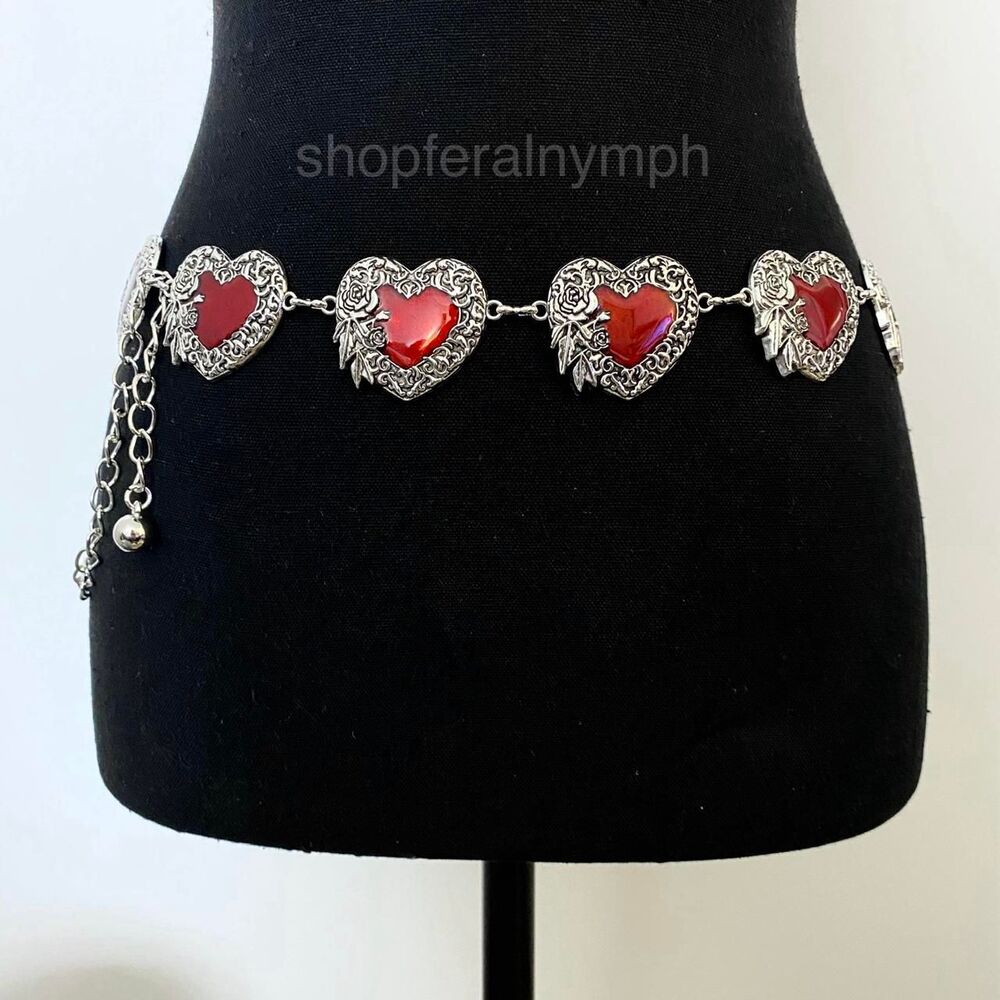 Silver Red Heart Floral Whimsygoth Chain Belt, Fits 20-43.5 Inches, X7GA1251